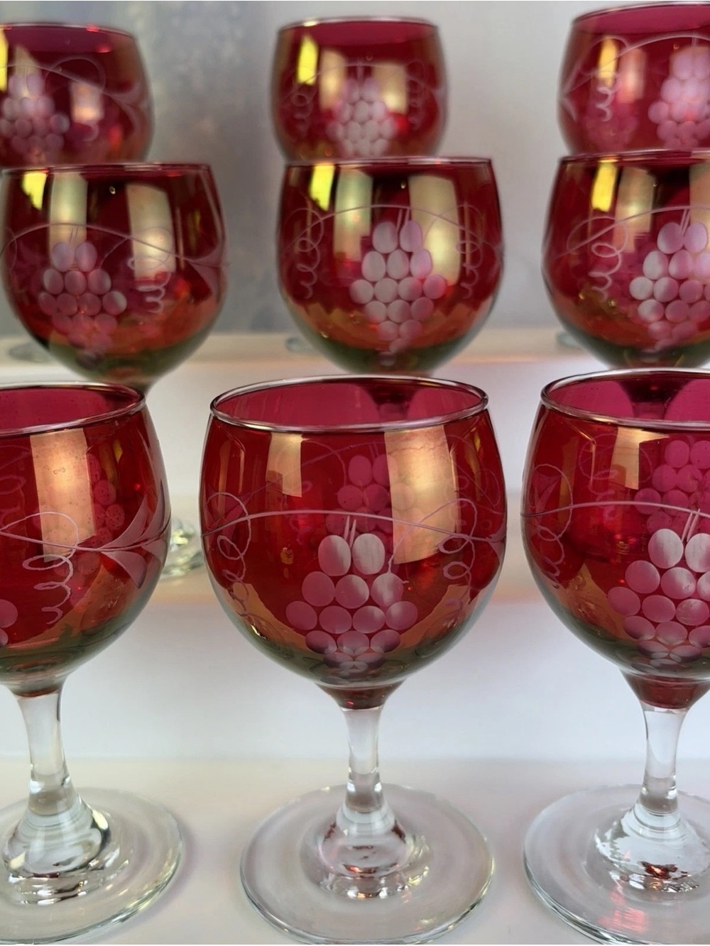 Set of 9 Cranberry/Ruby Red Cut to Clear Sherry Wine Cordial Glasses Grapes Vine